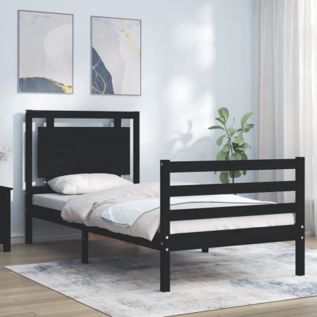 vidaXL Estructura de cama con cabecero madera maciza negro 90x200 cm