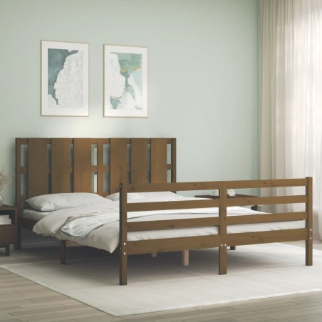 vidaXL Estructura de cama matrimonio con cabecero madera marrón miel