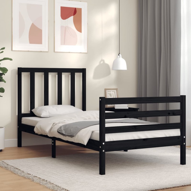 vidaXL Estructura de cama con cabecero madera maciza negro 100x200 cm vidaXL Estructura de cama con cabecero madera maciza negro 100x200 cm