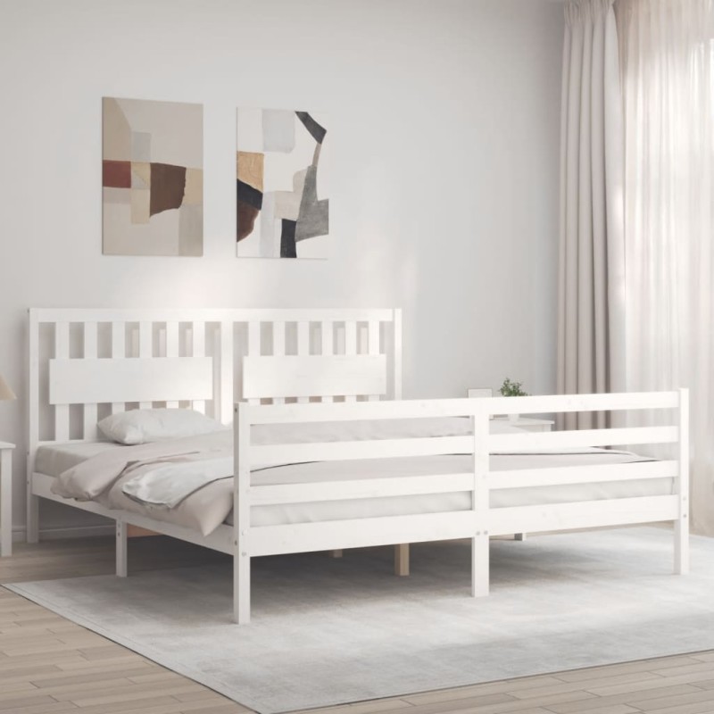 vidaXL Estructura cama de matrimonio con cabecero madera maciza blanco vidaXL Estructura cama de matrimonio con cabecero madera maciza blanco