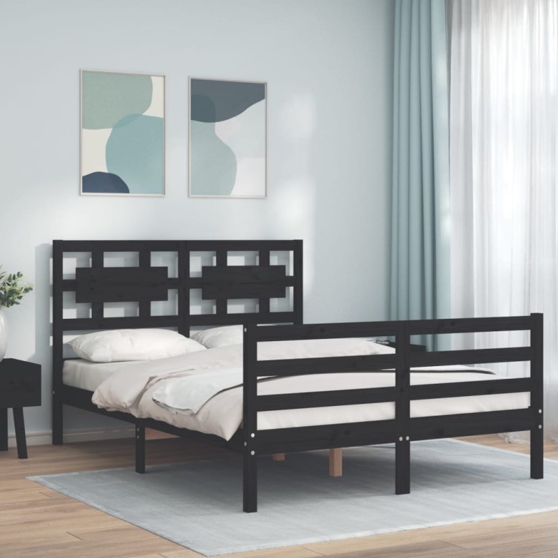 vidaXL Estructura de cama con cabecero madera maciza negro 120x200 cm vidaXL Estructura de cama con cabecero madera maciza negro 120x200 cm