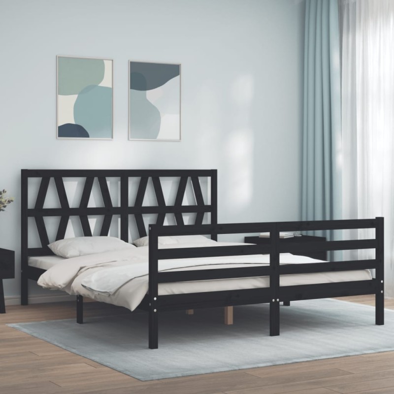 vidaXL Estructura de cama con cabecero madera maciza negro 160x200 cm vidaXL Estructura de cama con cabecero madera maciza negro 160x200 cm