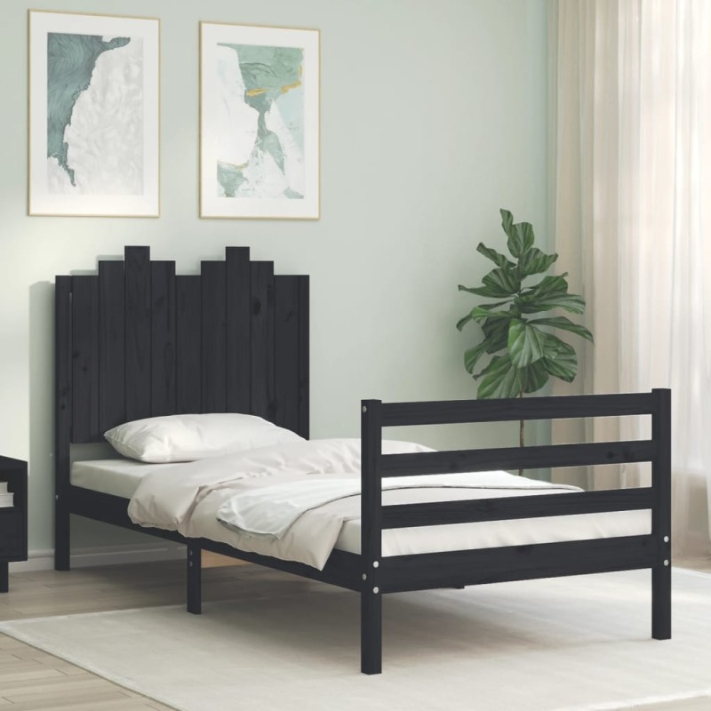 vidaXL Estructura de cama con cabecero madera maciza negro 90x200 cm