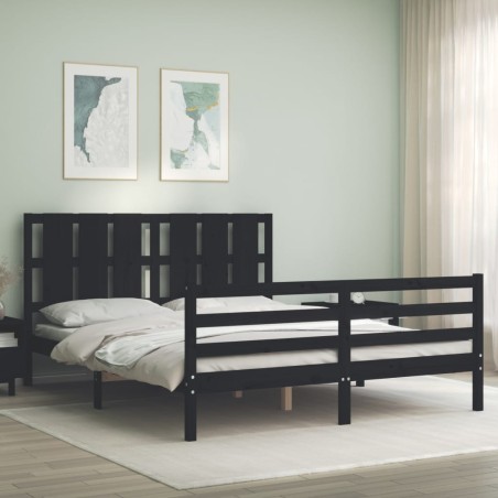 vidaXL Estructura de cama con cabecero madera maciza negro 160x200 cm