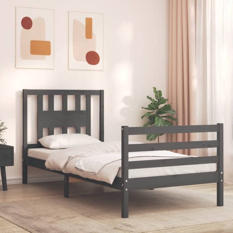 vidaXL Estructura de cama con cabecero madera maciza gris 90x200 cm vidaXL Estructura de cama con cabecero madera maciza gris 90x200 cm