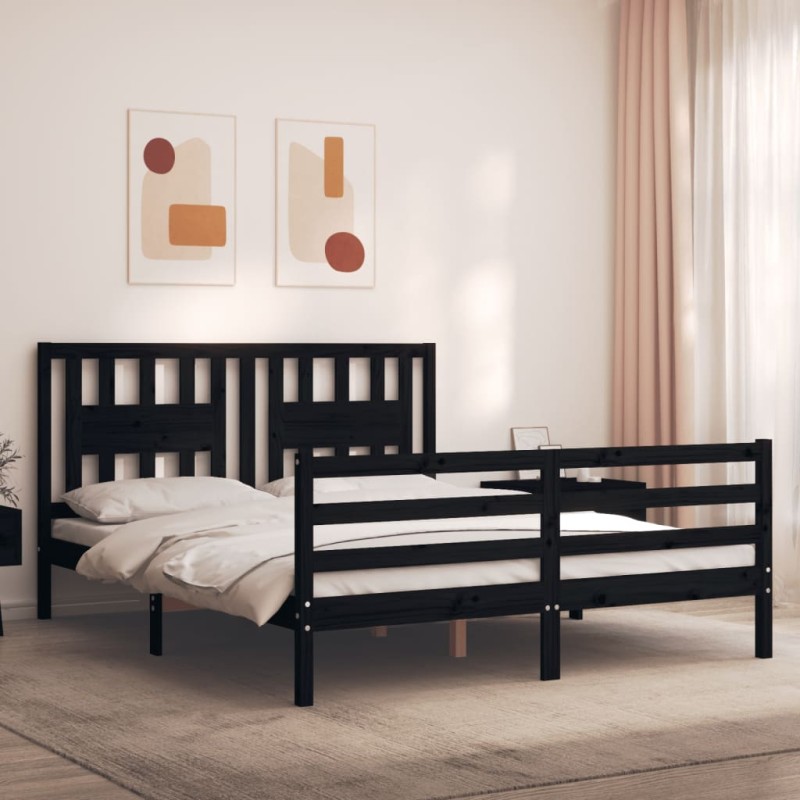 vidaXL Estructura de cama con cabecero madera maciza negro 160x200 cm vidaXL Estructura de cama con cabecero madera maciza negro 160x200 cm