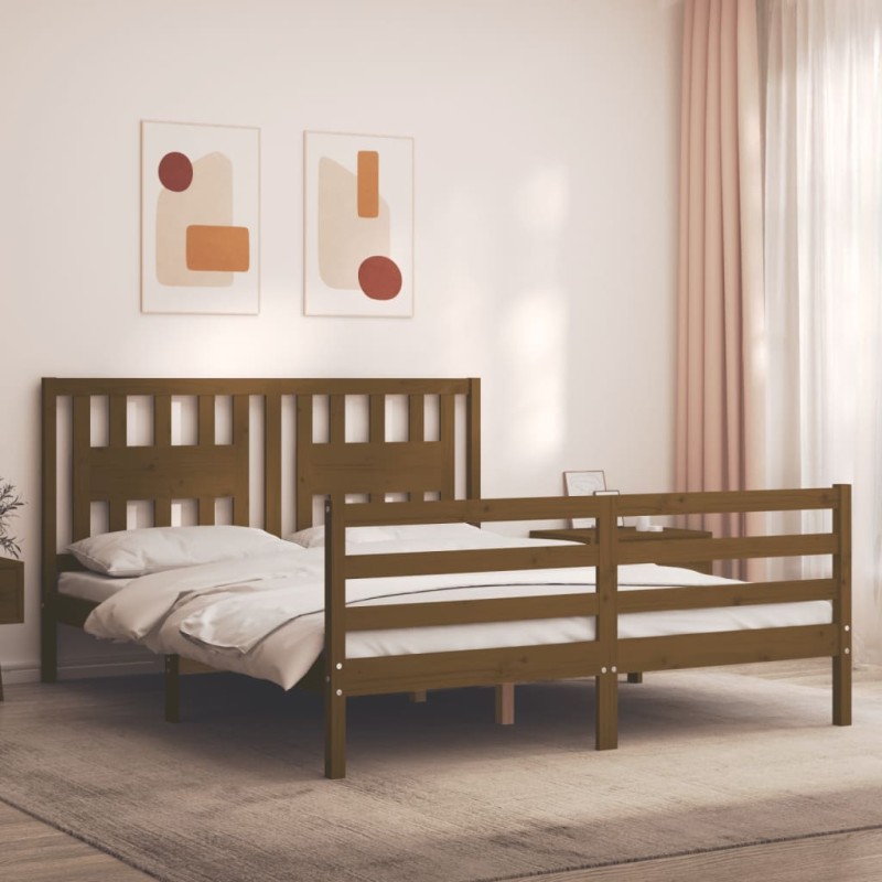 vidaXL Estructura de cama matrimonio con cabecero madera marrón miel vidaXL Estructura de cama matrimonio con cabecero madera marrón miel