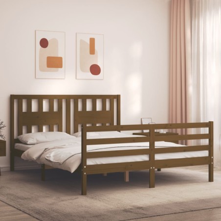 vidaXL Estructura de cama matrimonio con cabecero madera marrón miel