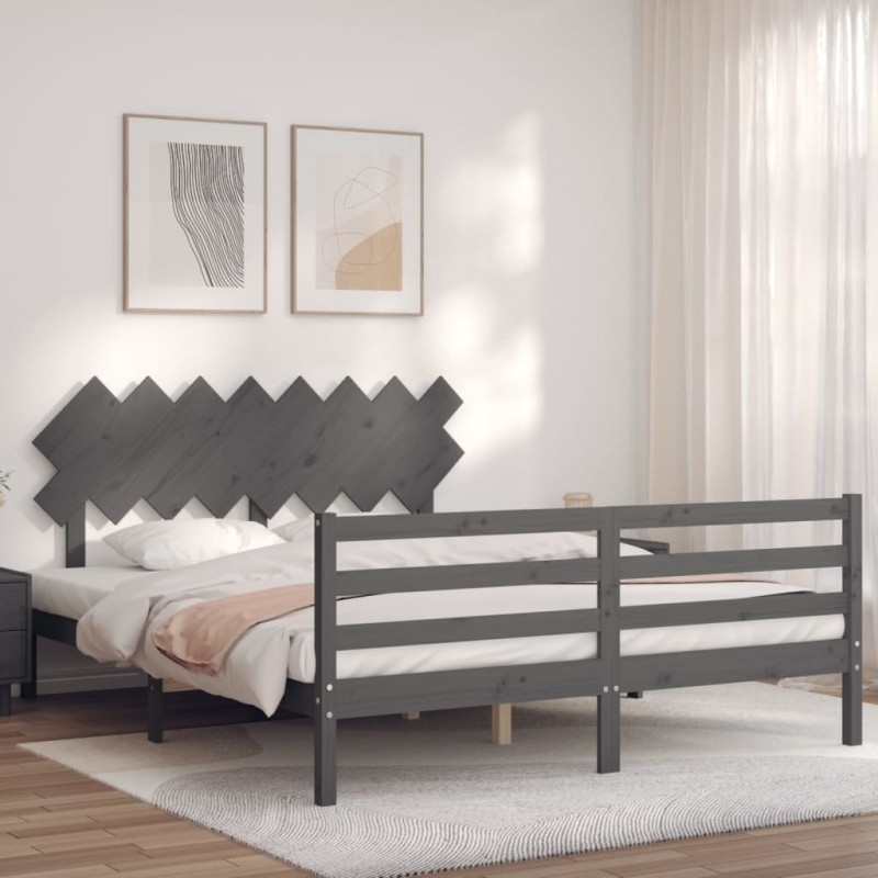 vidaXL Estructura de cama con cabecero madera maciza gris 160x200 cm vidaXL Estructura de cama con cabecero madera maciza gris 160x200 cm