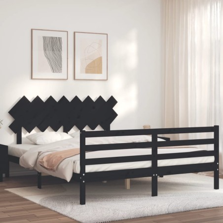 vidaXL Estructura de cama con cabecero madera maciza negro 160x200 cm