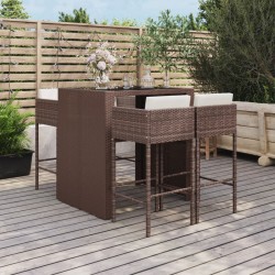 vidaXL Mesa y taburetes altos jardín 5 pzas y cojines ratán PE marrón