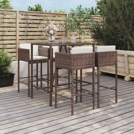 vidaXL Mesa y taburetes altos jardín 5 pzas y cojines ratán PE marrón