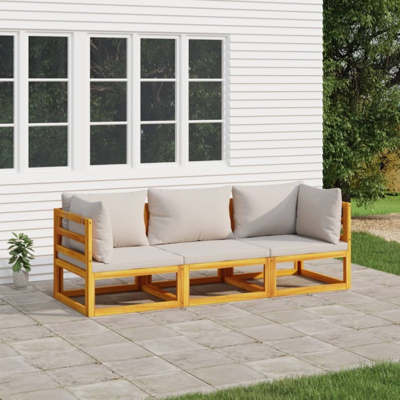 vidaXL Set muebles de jardín 3 pzas madera maciza y cojines gris claro vidaXL Set muebles de jardín 3 pzas madera maciza y cojines gris claro