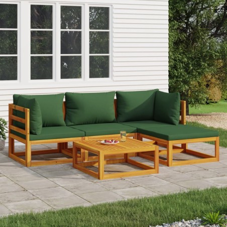 vidaXL Juego muebles de jardín 5 piezas madera maciza y cojines verdes