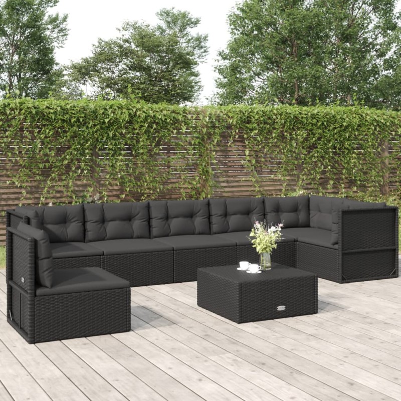 vidaXL Set de muebles de jardín y cojines 7 pzas ratán sintético negro vidaXL Set de muebles de jardín y cojines 7 pzas ratán sintético negro