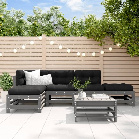 vidaXL Juego de muebles de jardín 6 pzas y cojines madera maciza gris