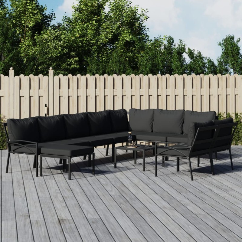 vidaXL Juego de muebles de jardín 11 pzas acero con cojines gris vidaXL Juego de muebles de jardín 11 pzas acero con cojines gris
