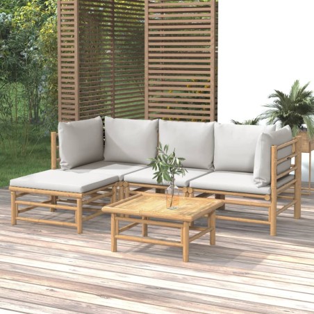 vidaXL Set de muebles de jardín 5 piezas bambú y cojines gris claro