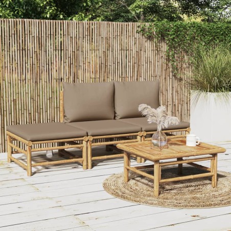 vidaXL Set de muebles de jardín 4 piezas bambú y cojines gris taupe
