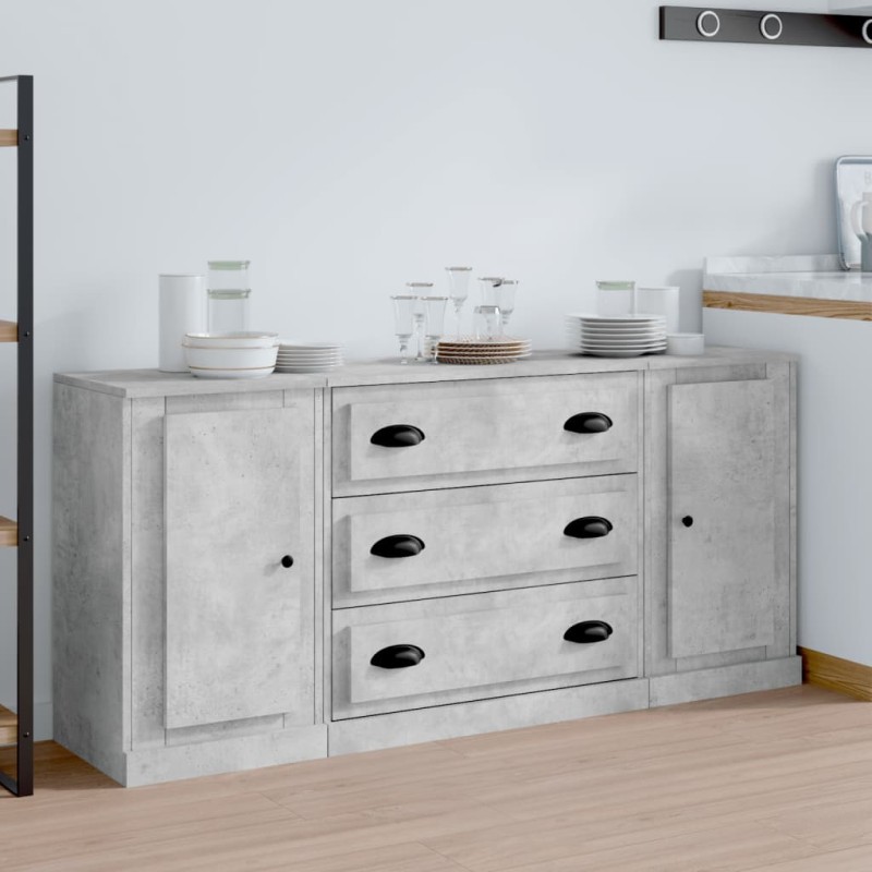 vidaXL Aparadores 3 piezas madera contrachapada gris hormigón vidaXL Aparadores 3 piezas madera contrachapada gris hormigón
