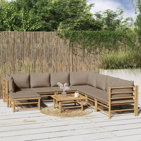 vidaXL Set de muebles de jardín 9 piezas bambú y cojines gris taupé