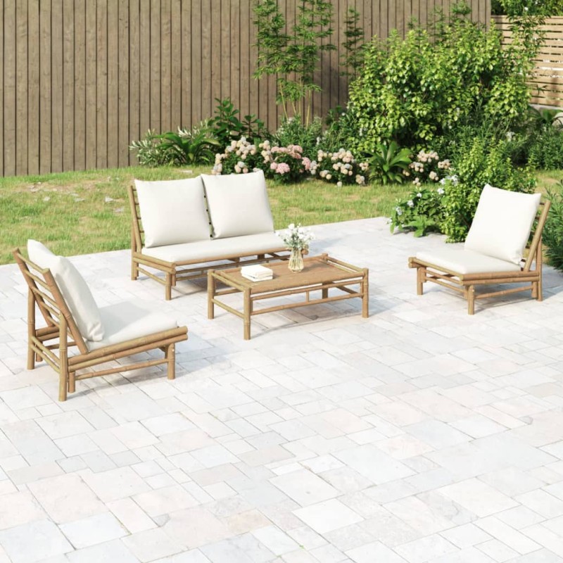 vidaXL Set de muebles de jardín 4 piezas bambú y cojines blanco crema vidaXL Set de muebles de jardín 4 piezas bambú y cojines blanco crema