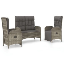 vidaXL Set comedor de jardín 3 piezas con cojines ratán sintético gris