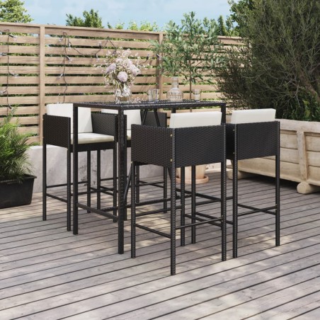vidaXL Mesa y taburetes altos jardín 5 pzas y cojines ratán PE negro
