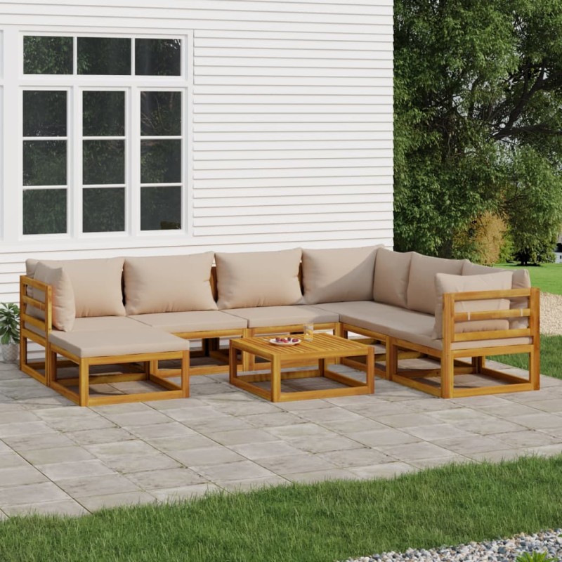 vidaXL Set muebles de jardín 8 pzas madera maciza y cojines gris taupé vidaXL Set muebles de jardín 8 pzas madera maciza y cojines gris taupé