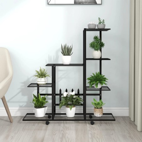 vidaXL Soporte de flores con rueda de metal negro 94,5x25x92,5 cm