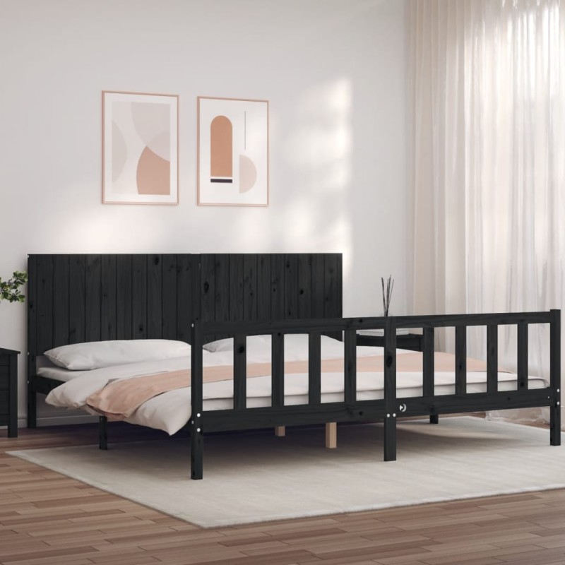 vidaXL Estructura de cama con cabecero madera maciza negro 200x200 cm vidaXL Estructura de cama con cabecero madera maciza negro 200x200 cm