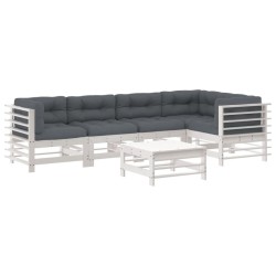 vidaXL Juego de muebles jardín 6 piezas y cojines madera maciza blanco