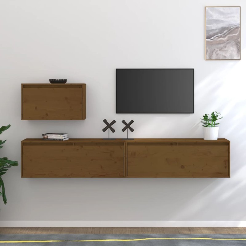 vidaXL Muebles para TV 3 piezas madera maciza de pino marrón miel vidaXL Muebles para TV 3 piezas madera maciza de pino marrón miel