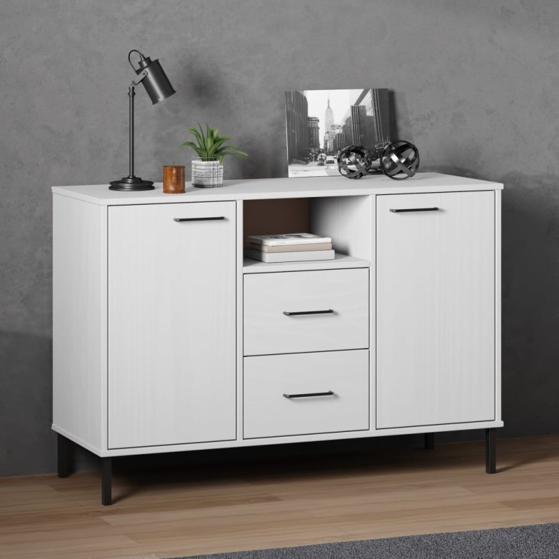 vidaXL Aparador con patas metal OSLO madera maciza blanco 113x40x77 cm vidaXL Aparador con patas metal OSLO madera maciza blanco 113x40x77 cm