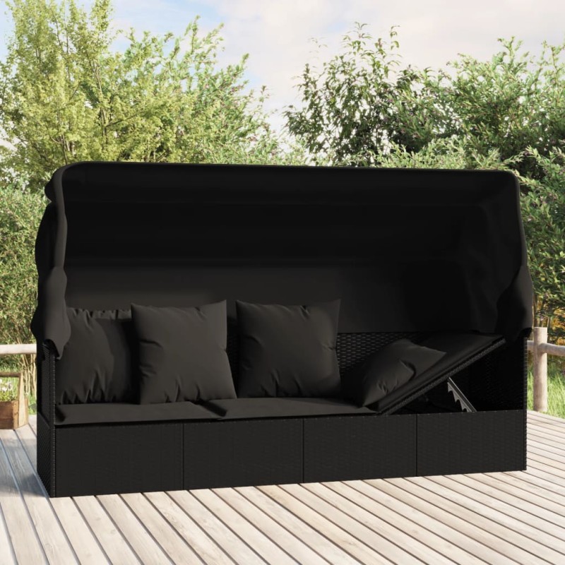 vidaXL Sofá tumbona de jardín con toldo cojines ratán sintético negro vidaXL Sofá tumbona de jardín con toldo cojines ratán sintético negro