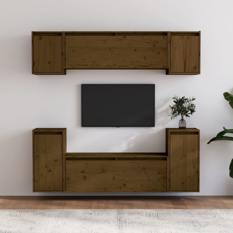 vidaXL Muebles para TV 6 piezas madera maciza de pino marrón miel vidaXL Muebles para TV 6 piezas madera maciza de pino marrón miel