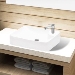 vidaXL Lavabo de cerámica con orificio de grifo y desagüe blanco