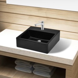 vidaXL Lavabo de cerámica cuadrado con orificio de grifo/desagüe negro 