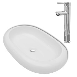 vidaXL Lavabo de baño ovalado con grifo mezclador cerámica blanco
