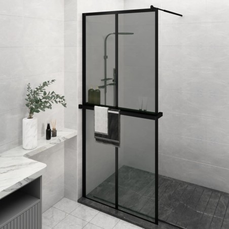 vidaXL Mampara ducha con estante vidrio ESG y aluminio negro 90x195 cm