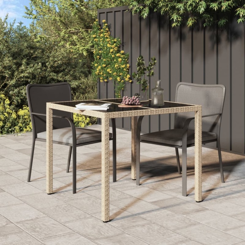 vidaXL Mesa jardín vidrio templado ratán sintético 90x90x75 cm gris