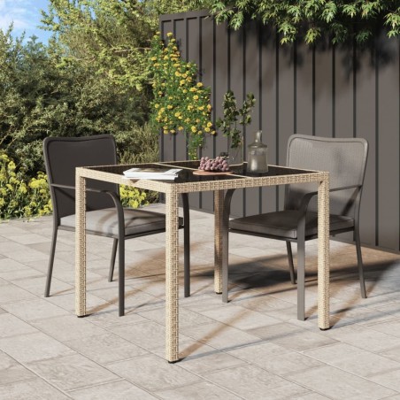 vidaXL Mesa jardín vidrio templado ratán sintético 90x90x75 cm gris