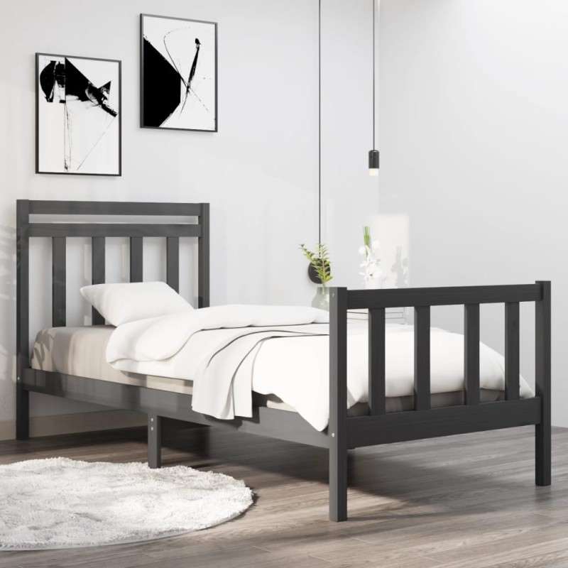 vidaXL Estructura cama individual pequeña madera maciza gris 90x190 cm