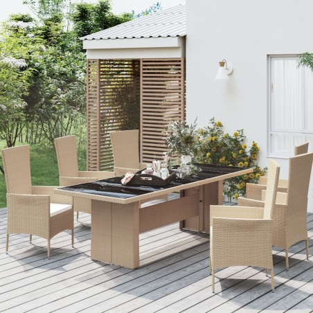 vidaXL Mesa de jardín ratán beige y superficie de vidrio templado