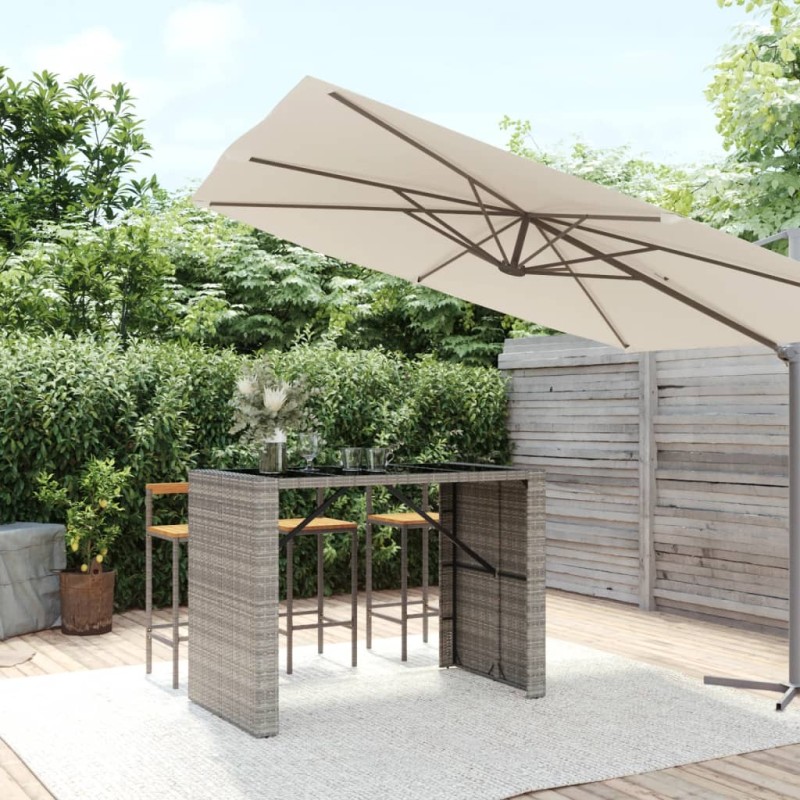 vidaXL Mesa alta bar con superficie vidrio ratán PE gris 145x80x110 cm vidaXL Mesa alta bar con superficie vidrio ratán PE gris 145x80x110 cm