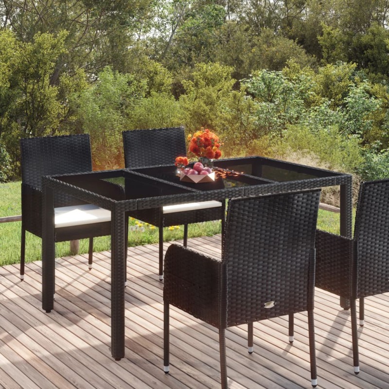 vidaXL Mesa de jardín superficie de vidrio ratán PE negro 150x90x75 cm vidaXL Mesa de jardín superficie de vidrio ratán PE negro 150x90x75 cm