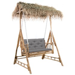 vidaXL Banco columpio 2 plazas hojas de palma y cojín bambú 202 cm 