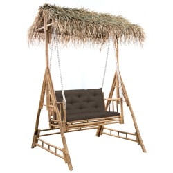 vidaXL Banco columpio de 2 plazas hojas de palma y cojín bambú 202 cm