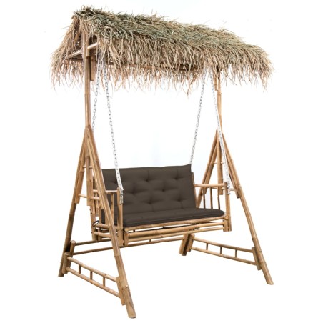 vidaXL Banco columpio de 2 plazas hojas de palma y cojín bambú 202 cm