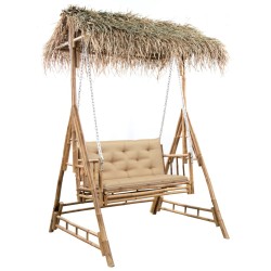 vidaXL Banco columpio de 2 plazas hojas de palma y cojín bambú 202 cm